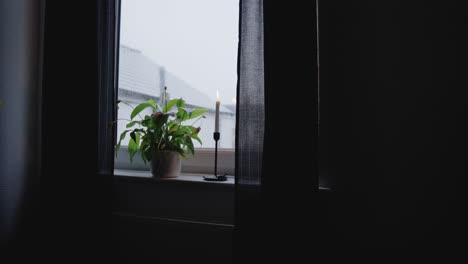 lit candle and a peace lily by a window on a rainy day