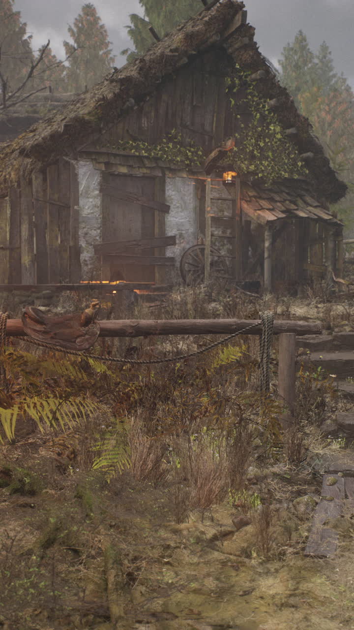 cabaña rústica cubierta de vegetación en el bosque