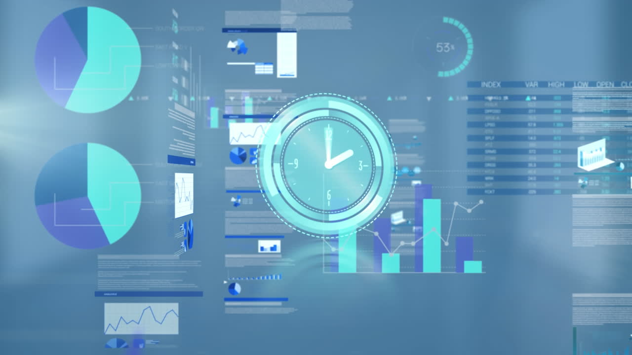 Animation of digital clock over infographic interface and trading board on abstract background