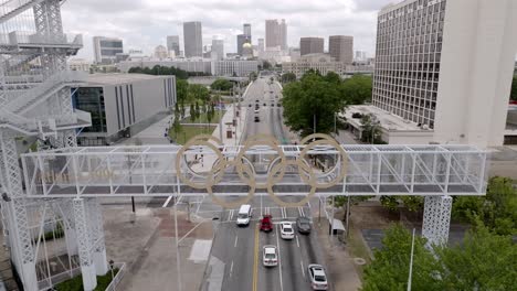 1996 olympic rings and cauldron captured in 2023 in atlanta, georgia with drone video pulling back