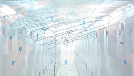 Animación-De-Procesamiento-De-Datos,-Globo-Terráqueo-E-íconos-Sobre-Servidores.