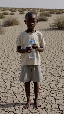 sad african child holding a plastic bottle full of water in a dry and cracked desert, symbolizing thirst, global warming and climate change