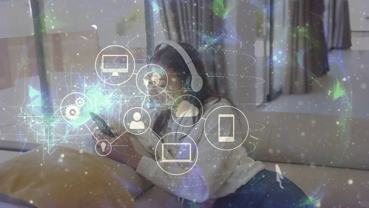 Woman reclining on sofa tapping phone and visualizing tech network icons expanding centerward