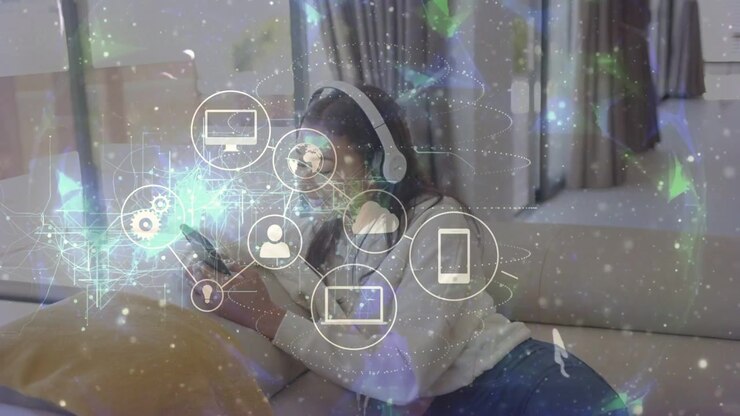 Woman reclining on sofa tapping phone and visualizing tech network icons expanding centerward