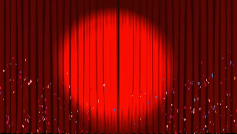 animation of multi coloured confetti falling over red curtains opening