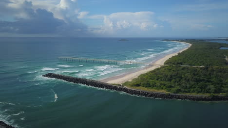 Summer-Australia-Sunshine-Coast-beautiful-stunning-pier-drone-shot-oceanic-scene-pan-forward-waves-beach-by-Taylor-Brant-Film