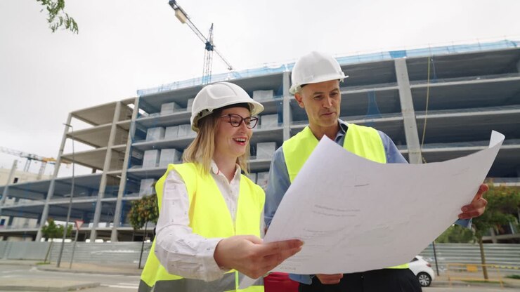 Trabajadores de la construcción revisando planos en un sitio de construcción