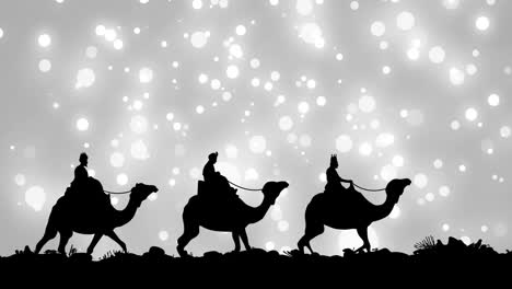 animation of glowing spots over christmas wise men on camels on grey background