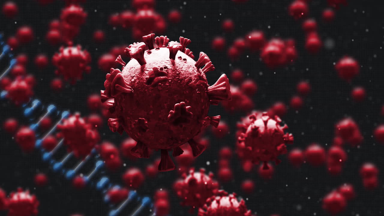 estructura del adn y células de covid-19 contra un fondo negro