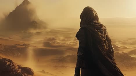 a lone figure in a dystopian desert landscape