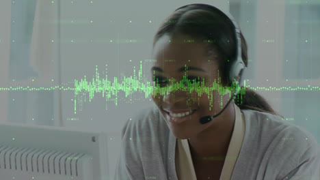 animation of statistics and data processing over businesswoman wearing phone headset