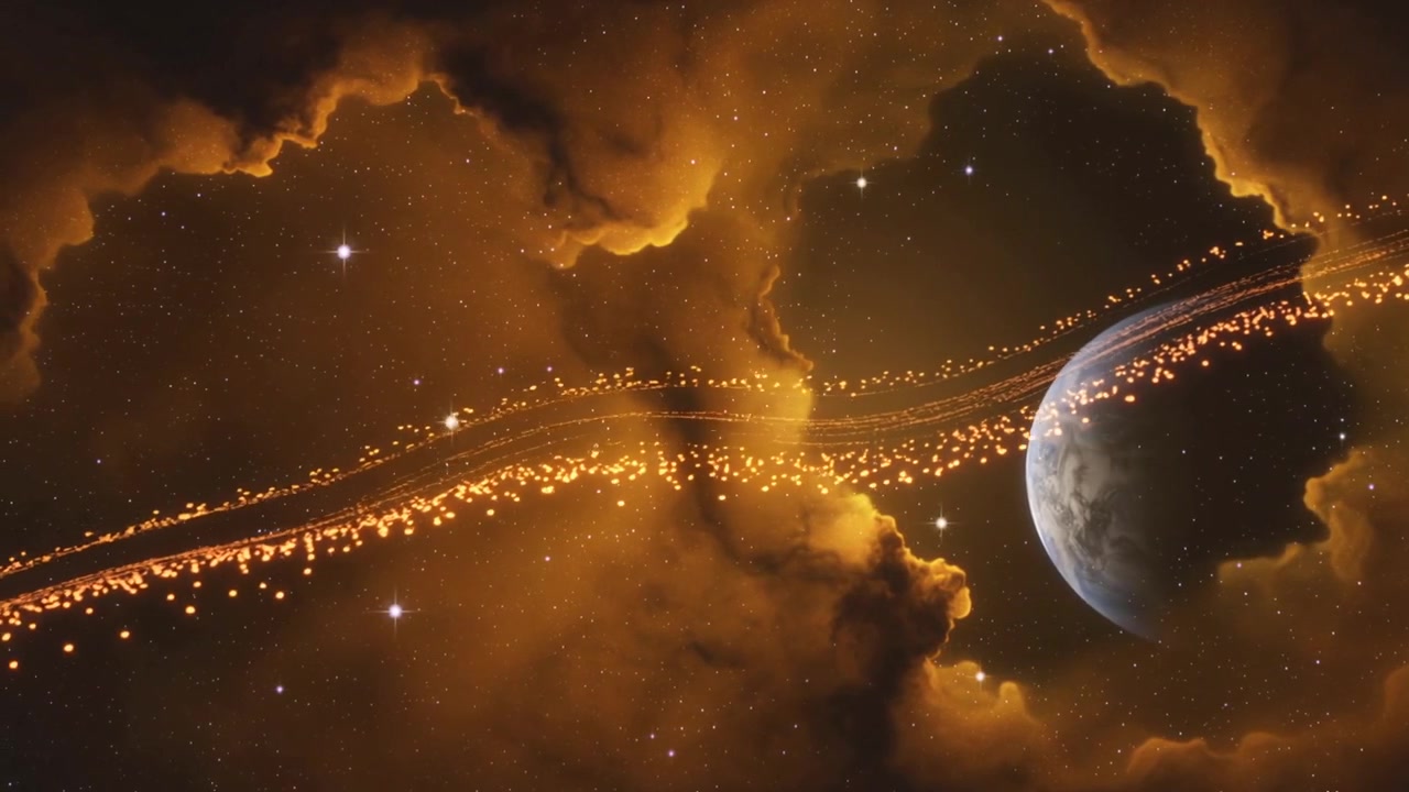 Brightening golden particle ribbon threading across amber nebula, causing planet moving into view