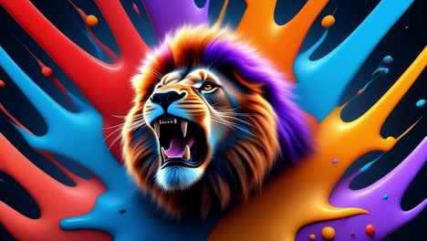 roaring lion with bright colors. a fierce lion with vibrant colors is roaring, surrounded by splashes of bright paint, creating an energetic atmosphere.