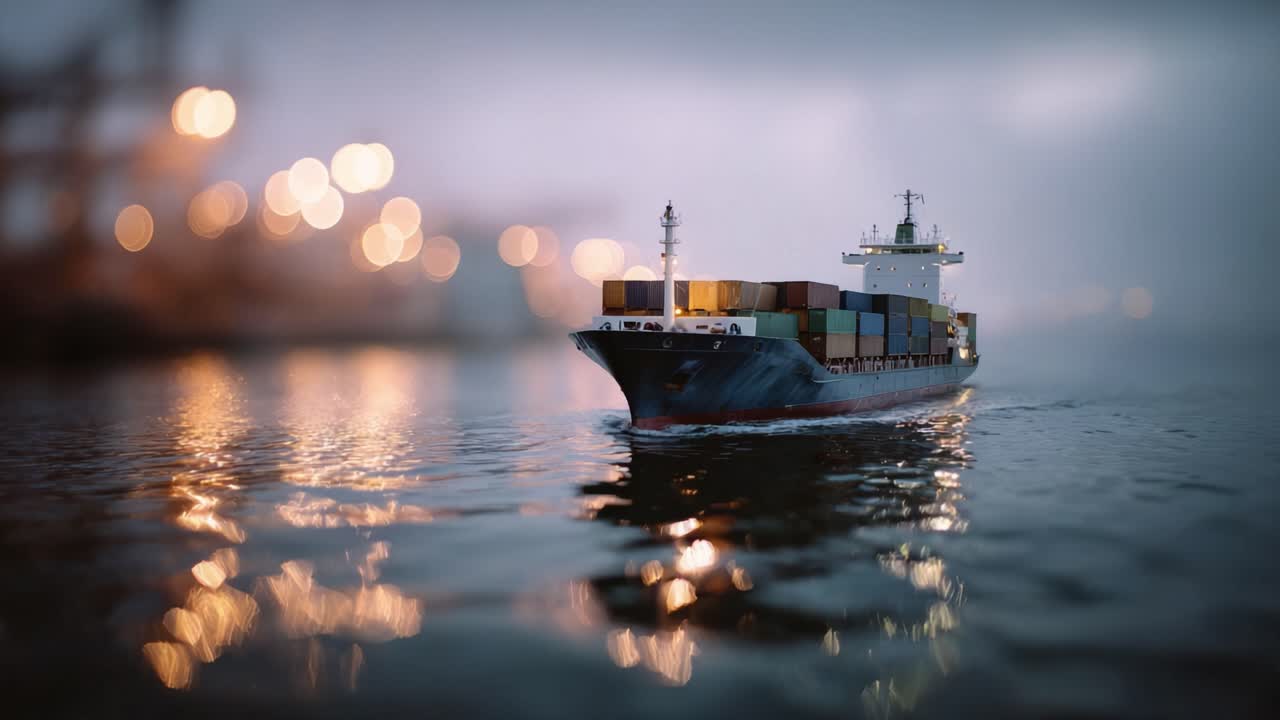 Ein Frachtschiff navigiert bei hereinbrechender Dämmerung durch ruhige Gewässer und zeigt eine Reihe bunter Schiffscontainer, die auf seinem Deck vor nebligem Hintergrund gestapelt sind.