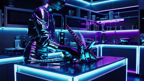 futuristic chef prepares alien food in a neon kitchen