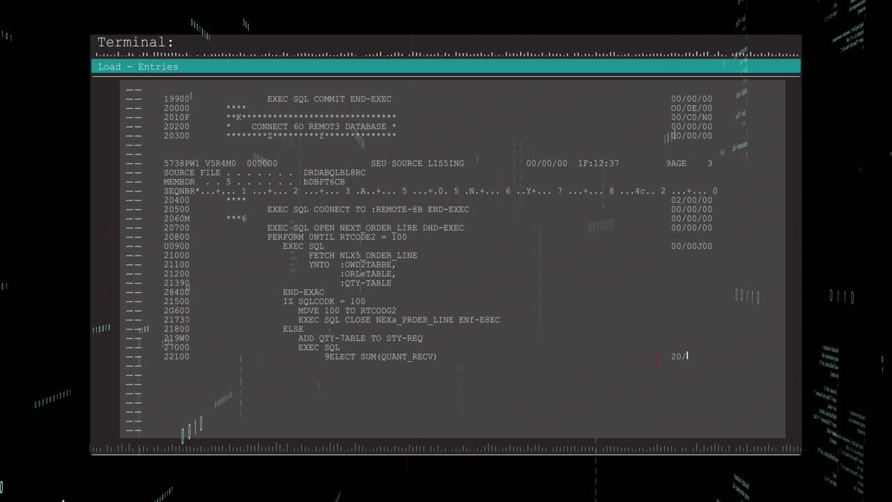 animacja warstw przetwarzania danych binarnych i tekstowych na czarnym tle