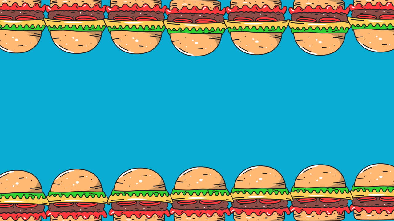 animación de dos filas de hamburguesas de queso que se mueven en la parte superior y inferior del fondo azul