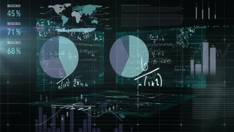 ecuaciones matemáticas flotantes contra el procesamiento de datos estadísticos contra un fondo negro