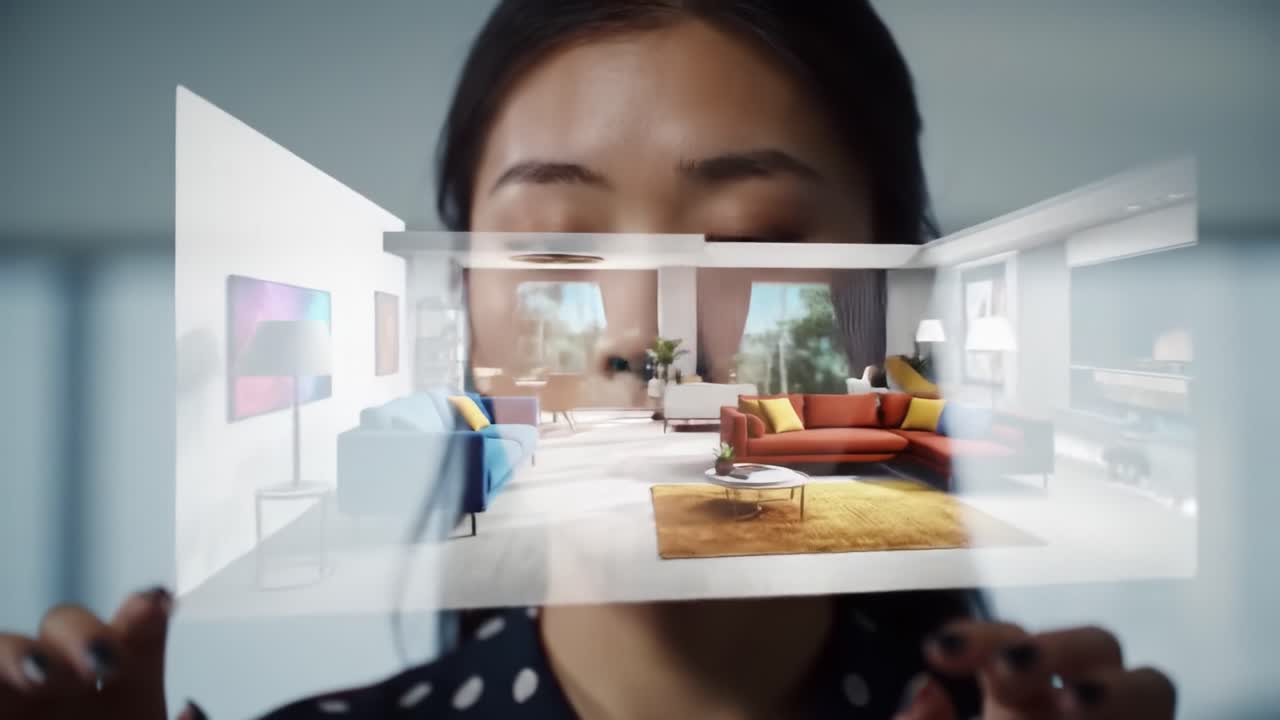 An artist showcases innovative digital art techniques in a modern studio. Focused on creativity, she interacts with digital elements, demonstrating her skills and artistic vision.