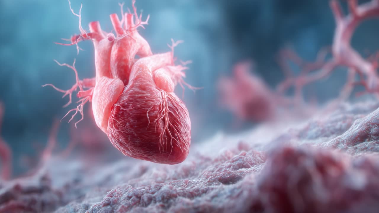 A stunning close-up image of a human heart, floating amidst a surreal, vibrant background, showcasing intricate details and rich textures of biological structures