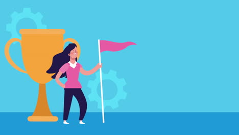 mujer de negocios con éxito bandera y copa de trofeo animado