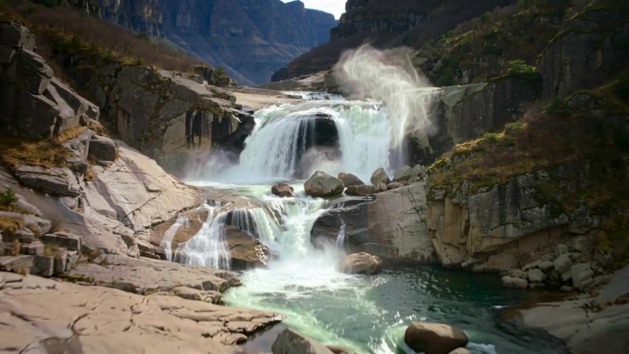 Drone che si allontana rivelando una cascata a più livelli che si riversa su una sporgenza rocciosa in un canyon, con un pennacchio di nebbia.