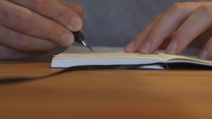 Man writing with fountain pen in a notebook on a table