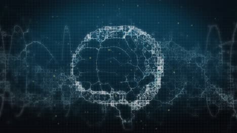 animation of white spots and digital wave over spinning human brain icon on blue background