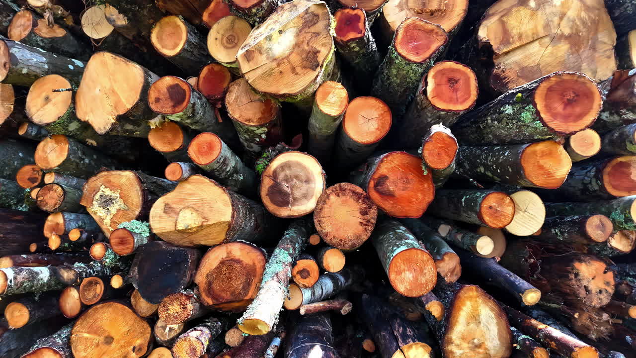 Top shot of cut wooden logs stacked up
