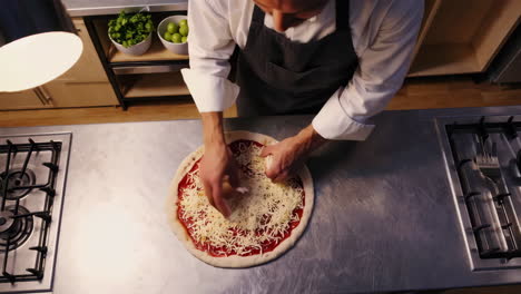 chefs preparing pizzas in a professional kitchen