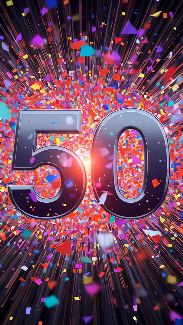 Video verticale: apertura in metallo con il numero 50, zoom della fotocamera sulla scena in movimento, coriandoli che volteggiano a indicare il 50° anniversario