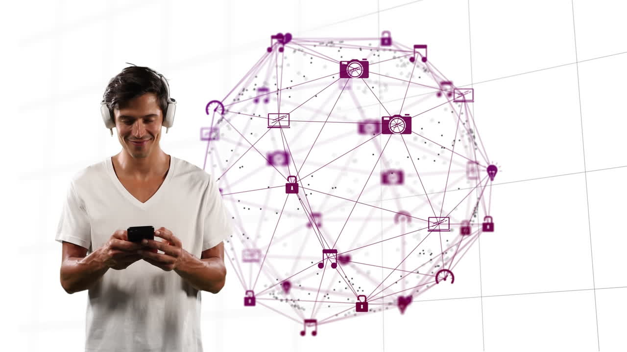 hombre usando un teléfono inteligente contra un globo de iconos digitales