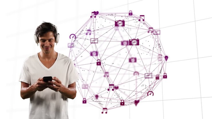 homem usando smartphone contra o globo de ícones digitais