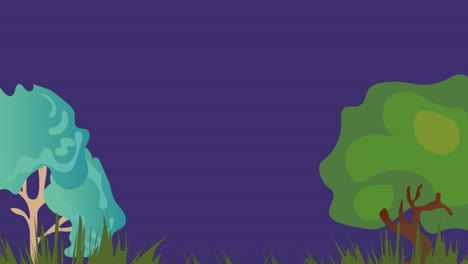 animación de la ilustración de árboles verdes y hierba sobre fondo púrpura