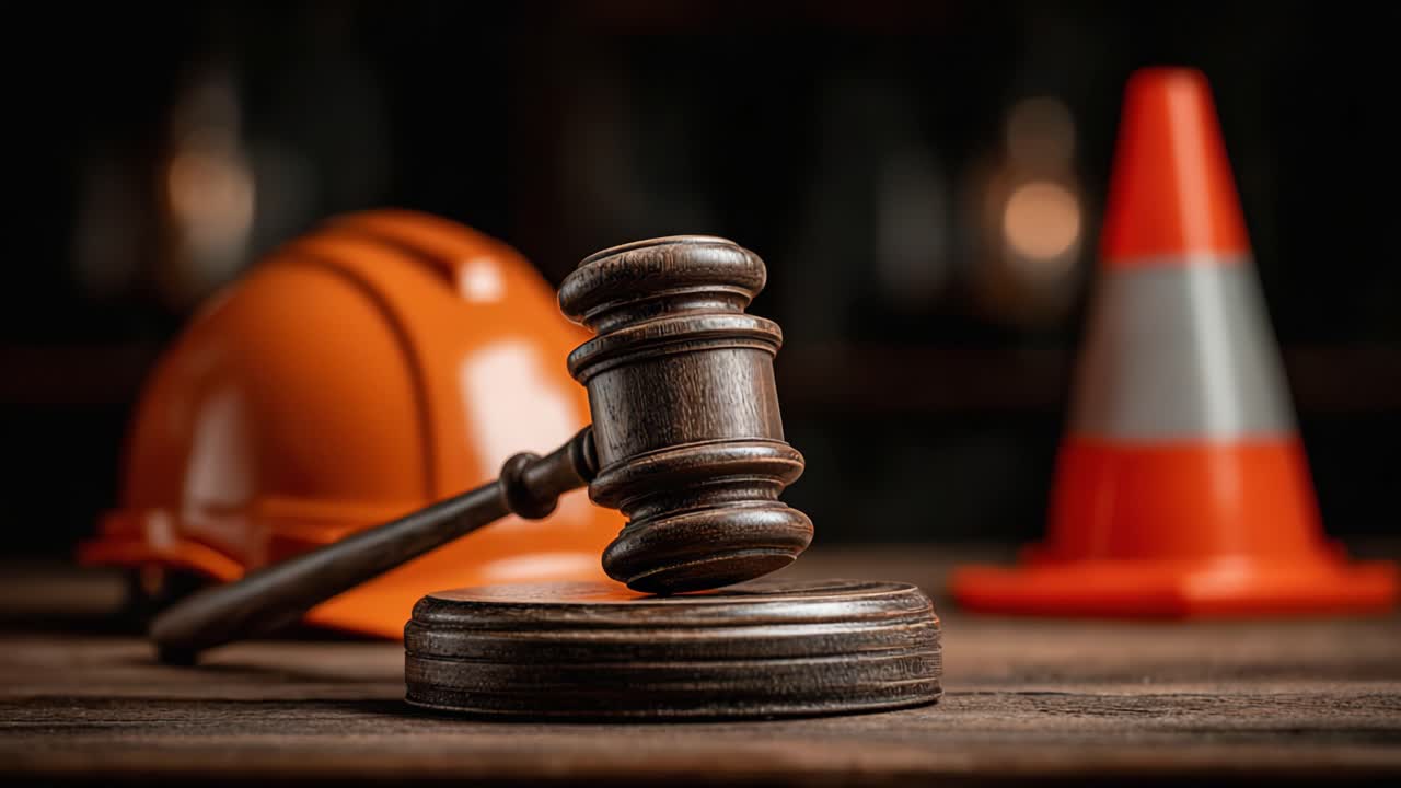 Una rappresentazione simbolica di giustizia e sicurezza: un martelletto, un cappello e un cono stradale su un tavolo, che evidenzia la connessione tra legge e regolamenti edilizi