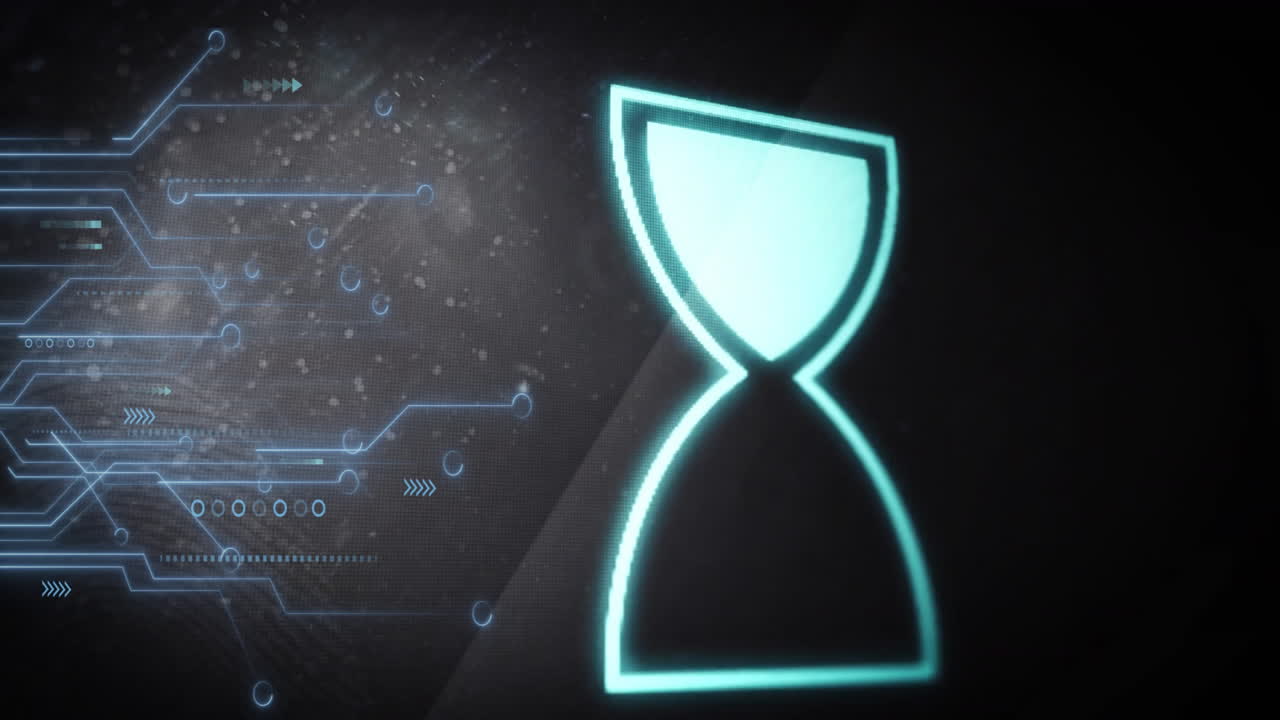 Hourglass icon and circuit lines, digital technology animation