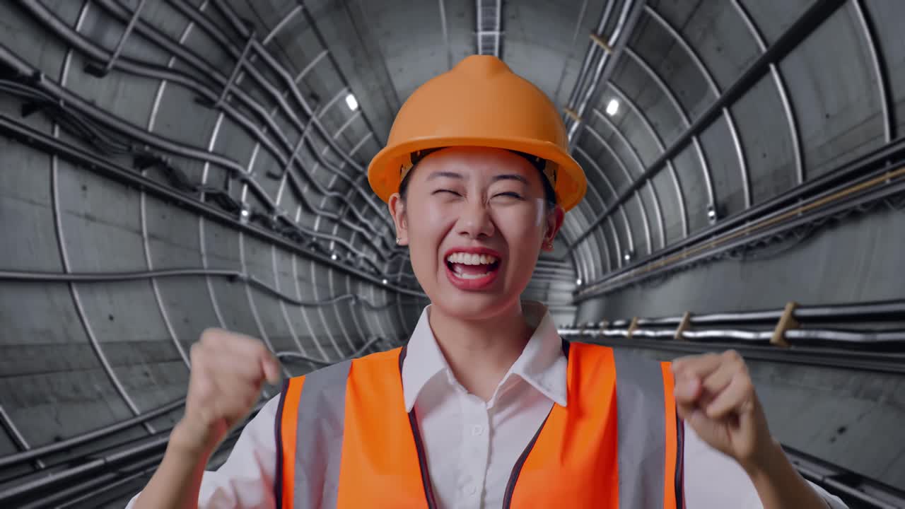 Close Up Of Asian Female Engineer With Safety Helmet Screaming Goal And Dancing Celebrating In Underground Subway Tunnel
