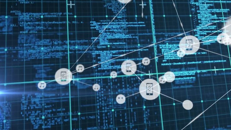 Animation of network of digital icons and data processing over grid network against blue background