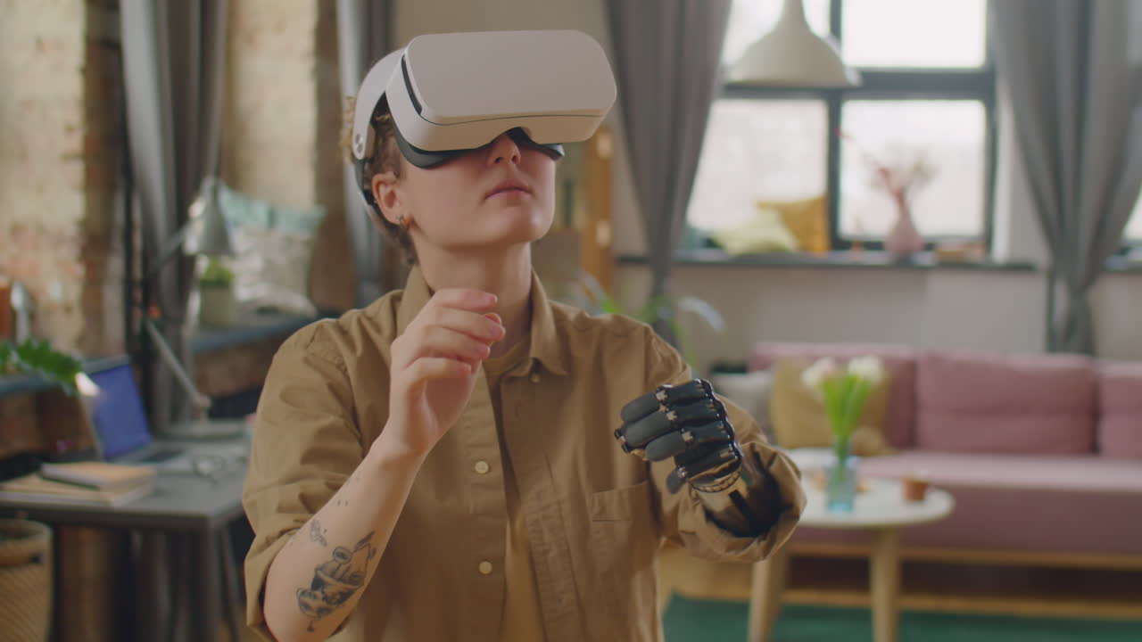 Woman with Prosthetic Arm Using VR Headset at Home