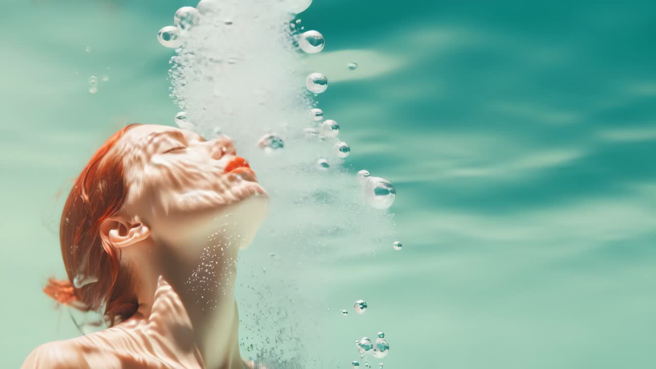 Underwater video concept with a serene woman, eyes closed, surrounded by rippling water