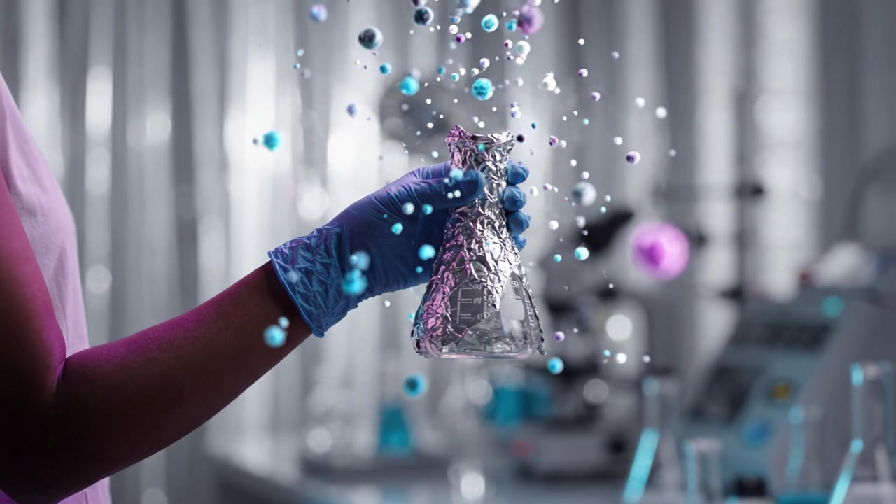 Uma Visão em Close-Up de uma Mão Segurando um Frasco com Salpicos em um Ambiente de Laboratório, Destacando a Experimentação e a Descoberta Científica