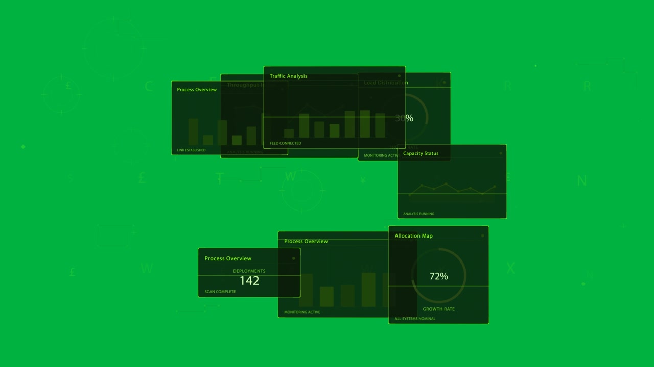 Tech HUD sliding on data input on transparent grid, reticles linking panels, numbers rising to 142