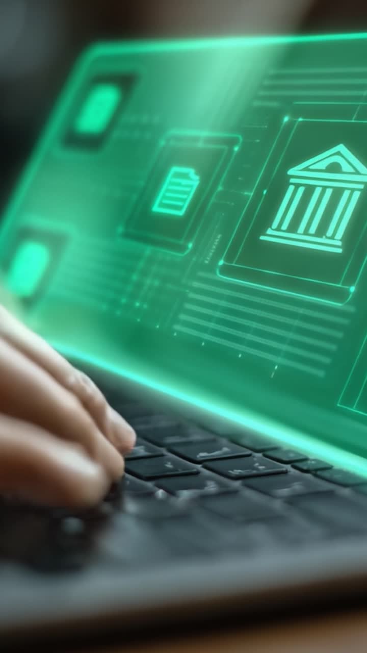 Exploring Digital Finance: A Close-Up of Hands Typing on a Laptop, Engaged with Interactive Banking Graphics and Data Visualizations