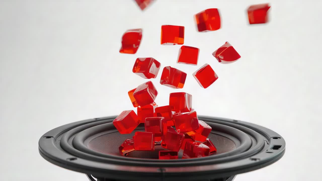 Falling red gel cubes landing on woofer cone in studio, forming compact grid pattern