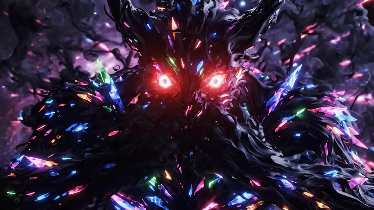 A Vibrant Cosmic Entity Surrounded by a Galaxy of Lights, Merging Darkness and Radiance in an Exquisite Display of Colorful Energy and Mystical Power.