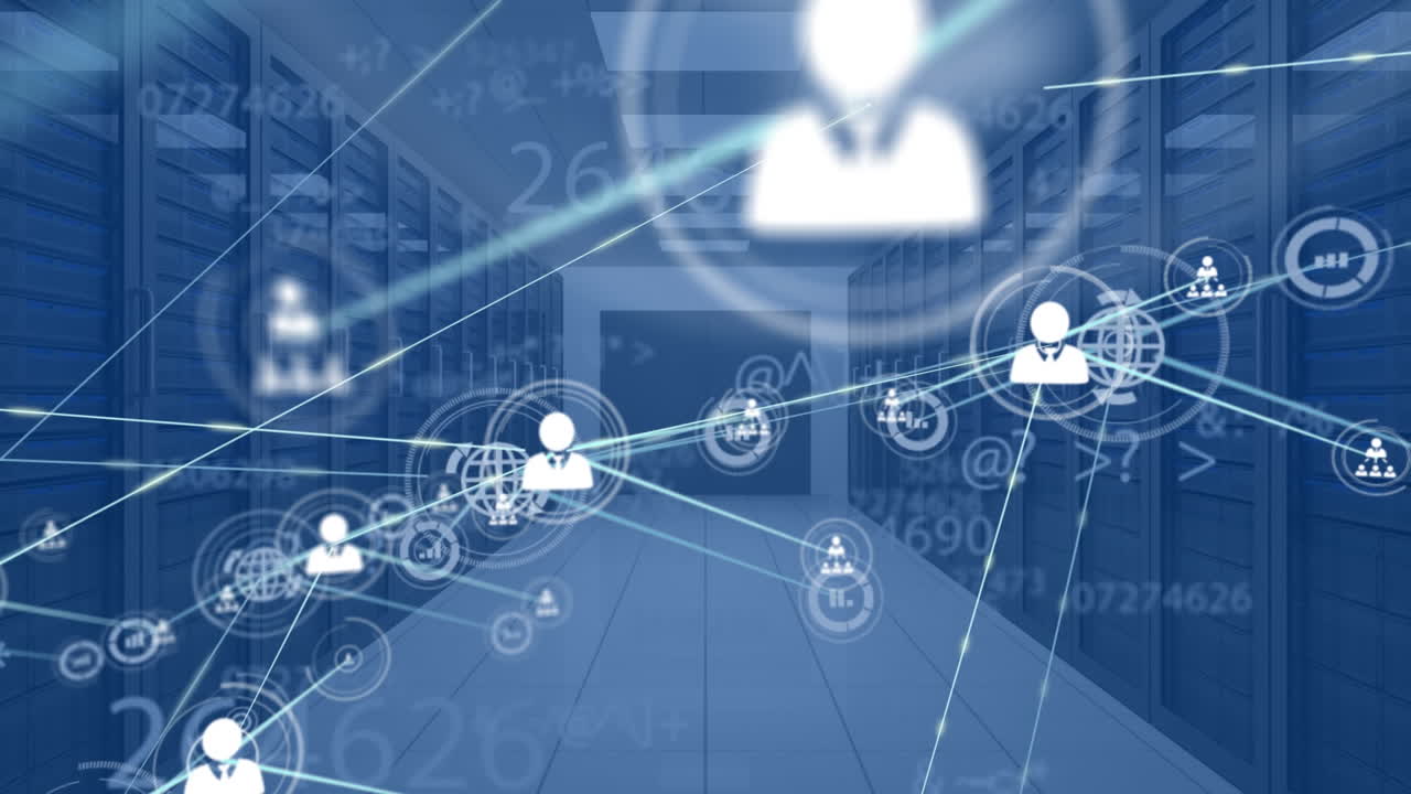 Animation of network of connections with icons over server room