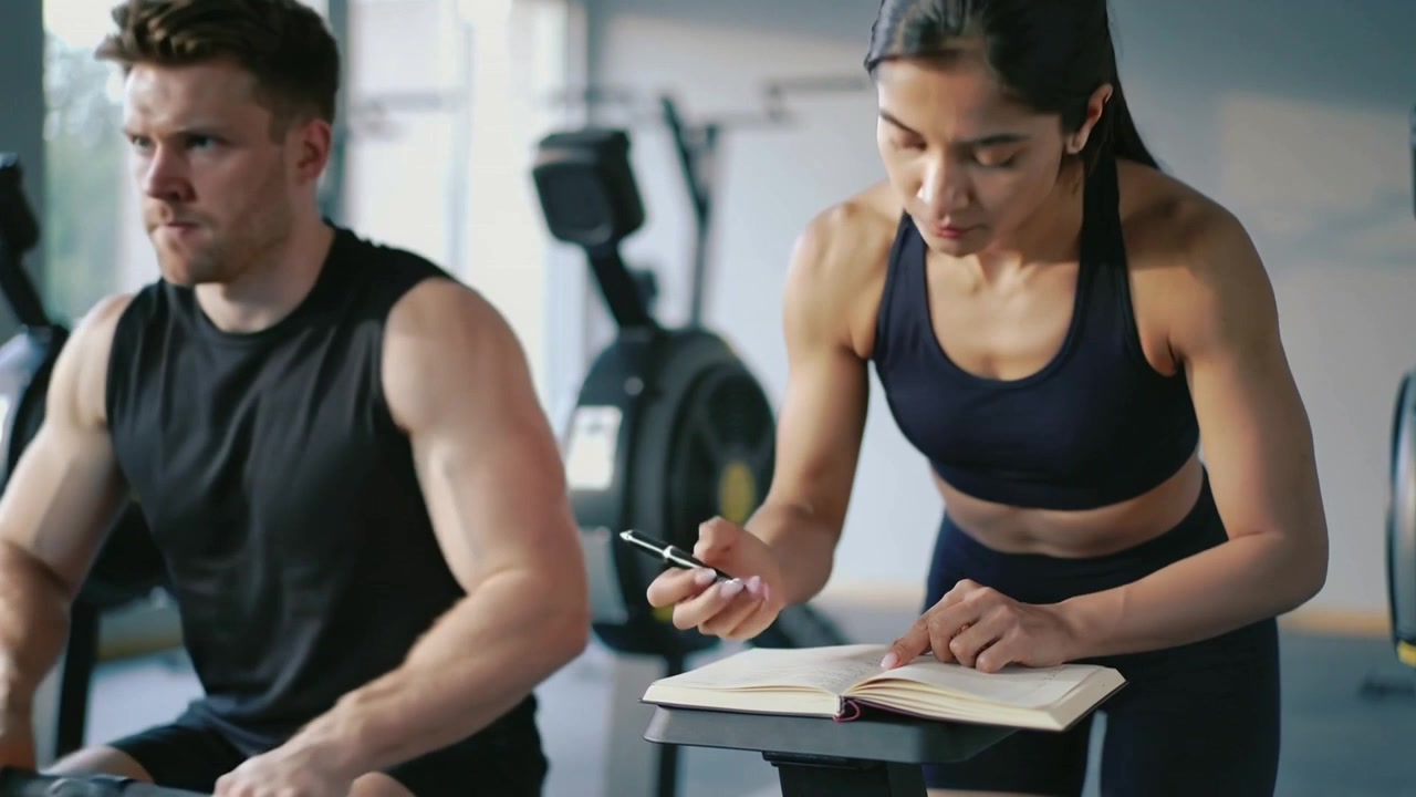 Writing woman in black top tracking sets at gym, using notebook while partner rowing ergometer