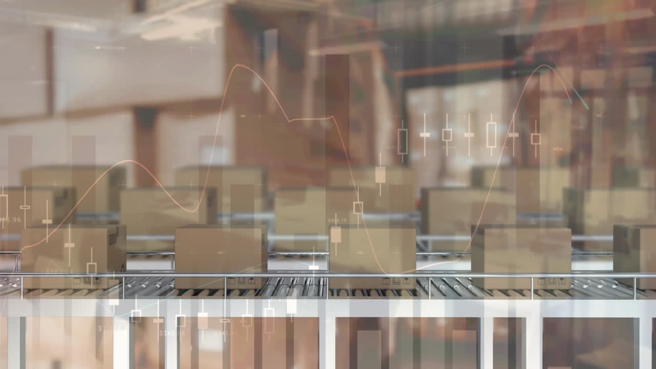 컨베이어 벨트에 있는 카드보드 상자 위에서 금융 데이터 처리의 애니메이션