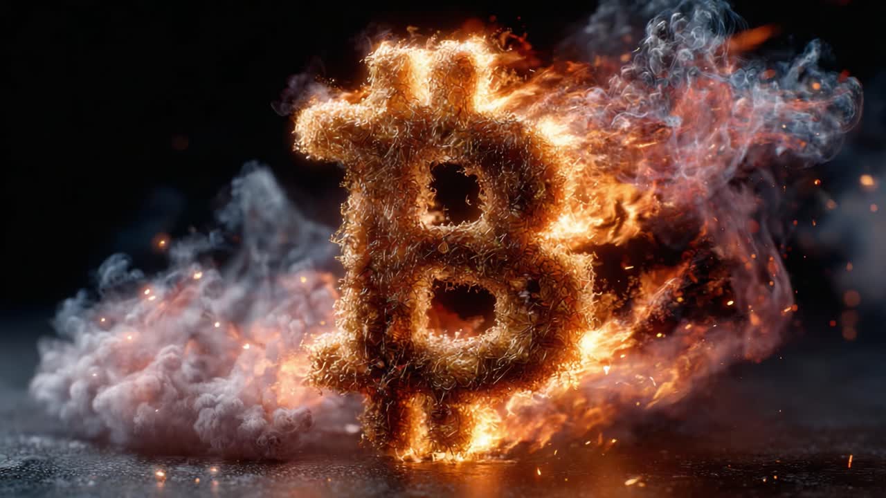 A Striking Display of the Iconic Bitcoin Symbol Erupting in Flames, Capturing the Essence of Digital Currency's Powerful Impact on Modern Finance