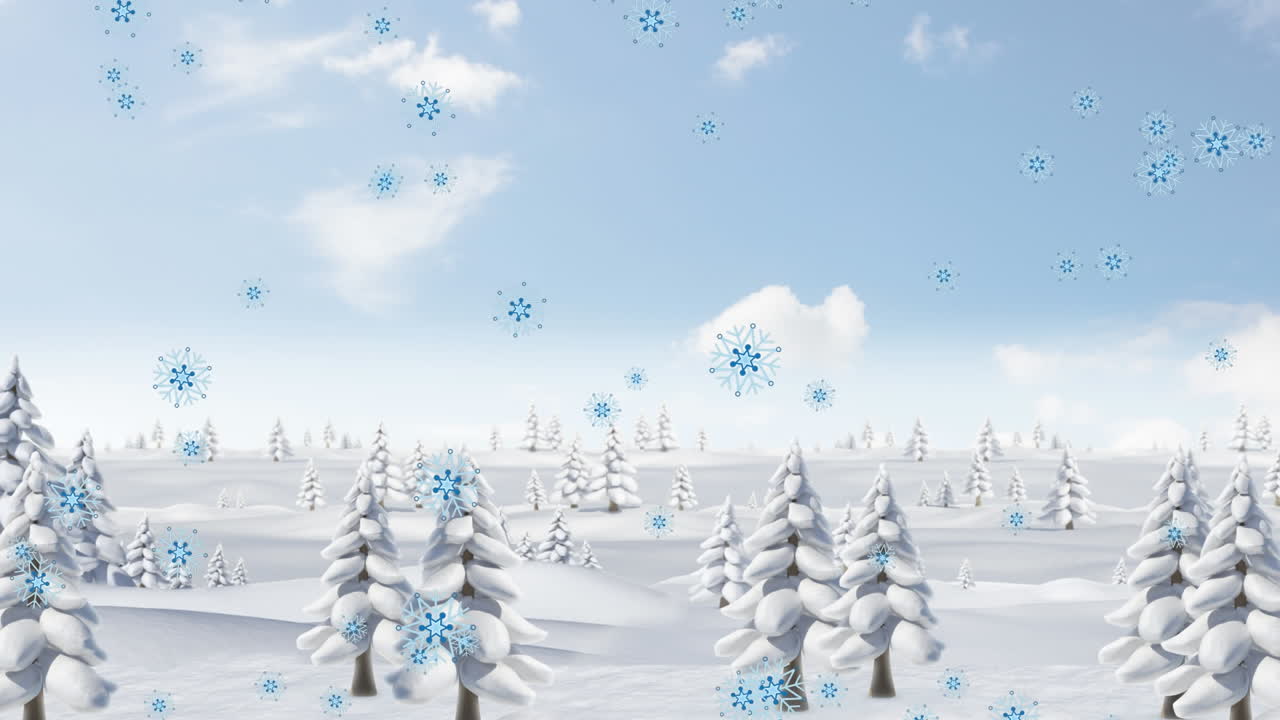 겨울 풍경 위에 내리는 눈의 애니메이션